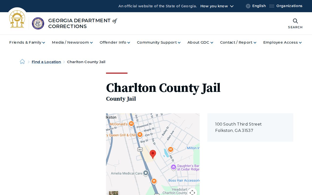 Georgia Department of Corrections location page for Charlton County Jail