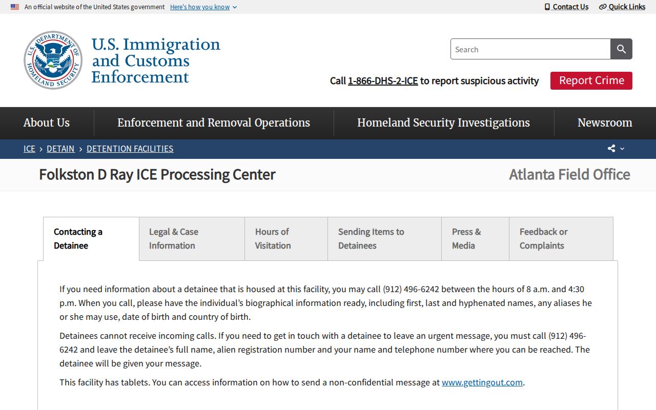 D. Ray James Processing Center ICE release contact in Charlton County