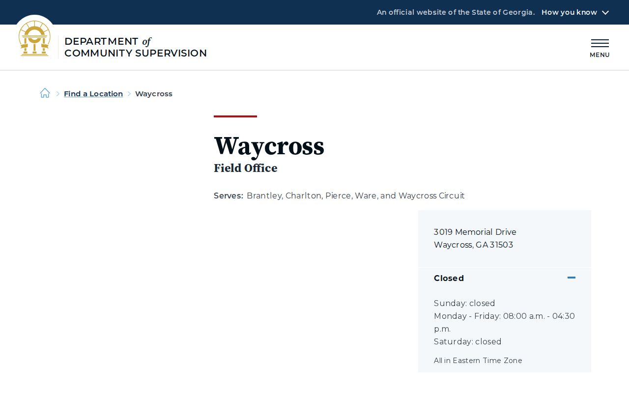 Charlton County parole and probation Waycross DCS office page