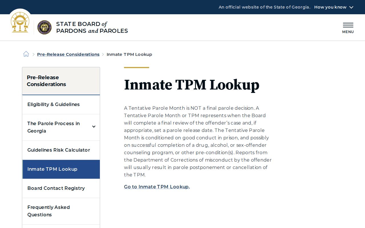 Georgia Inmate TPM Lookup parole timing for Charlton County