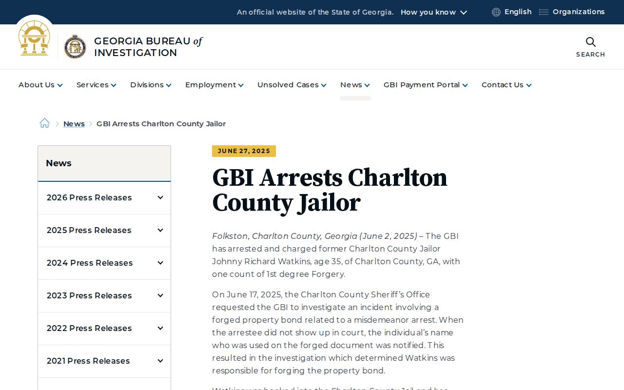 Charlton County released inmate mugshot and bond release GBI source